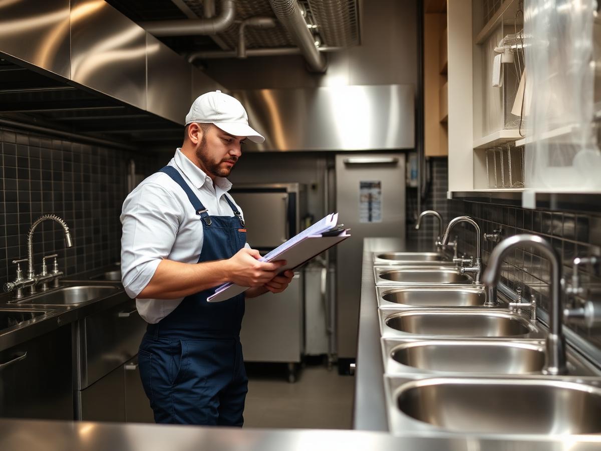 Plumber checking drain lines in a commercial restaurant kitchen