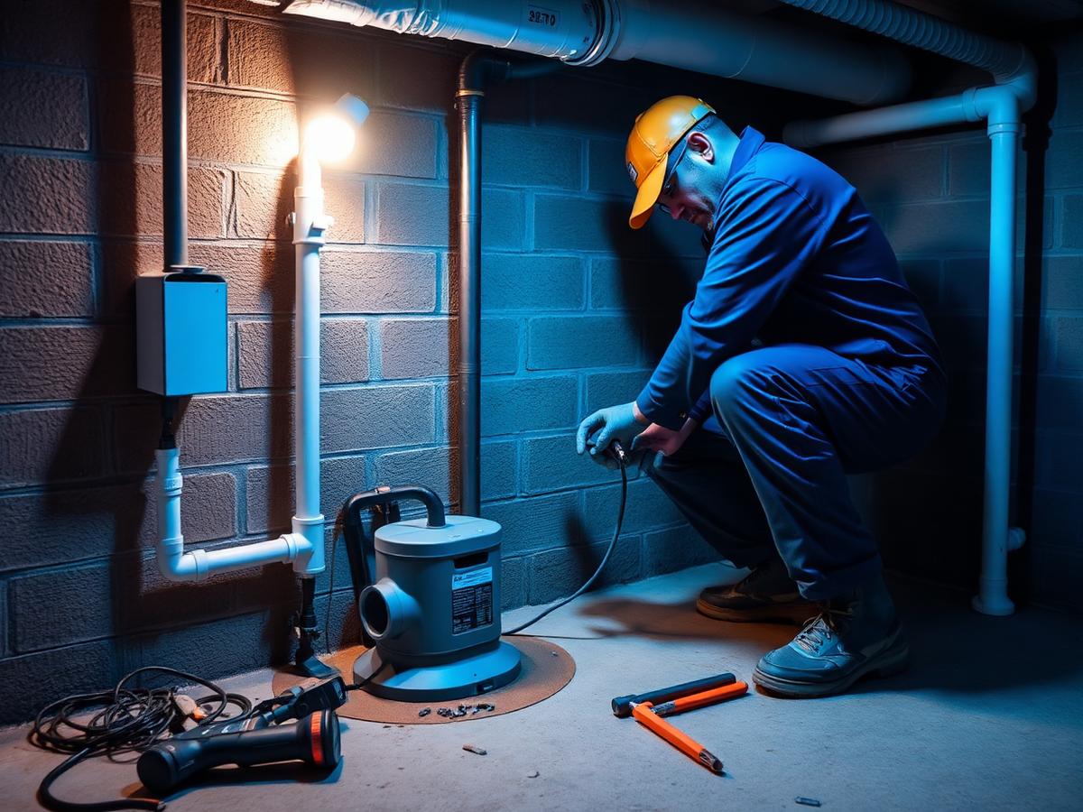 Plumber inspecting a basement sump pump in a Hamilton home